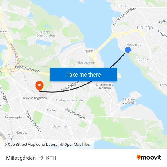 Millesgården to KTH map