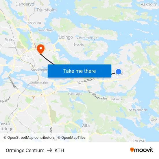 Orminge Centrum to KTH map
