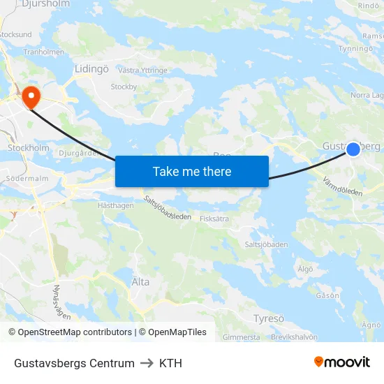 Gustavsbergs Centrum to KTH map
