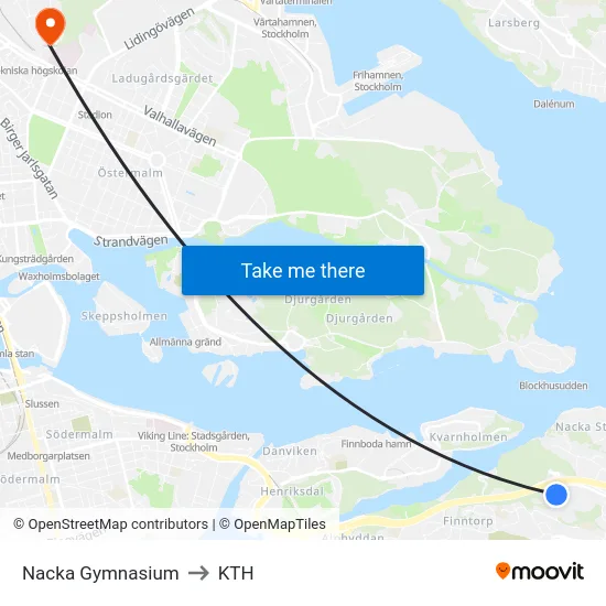 Nacka Gymnasium to KTH map