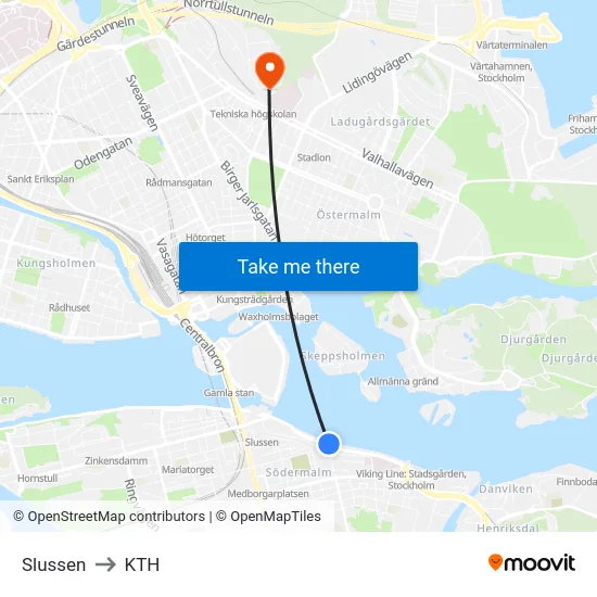Slussen to KTH map