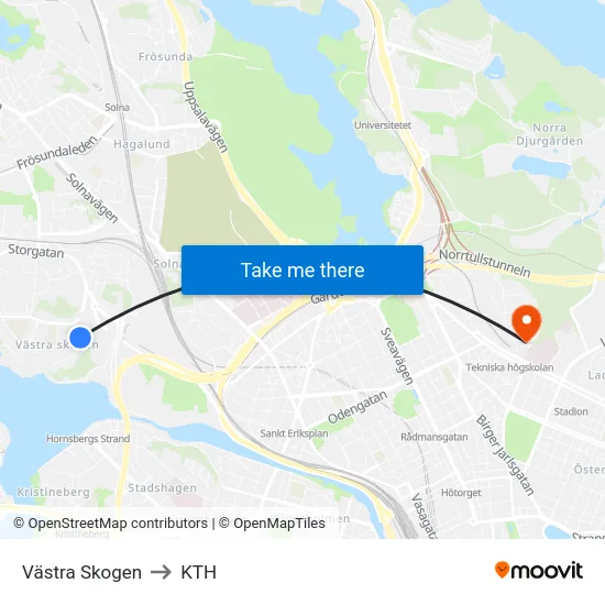 Västra Skogen to KTH map