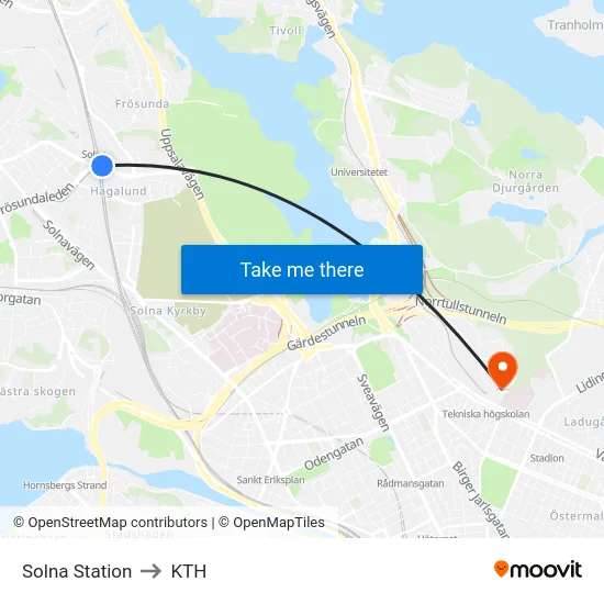 Solna Station to KTH map