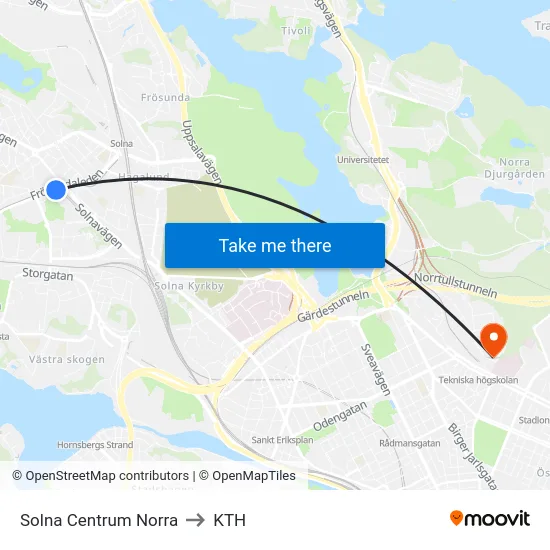 Solna Centrum Norra to KTH map