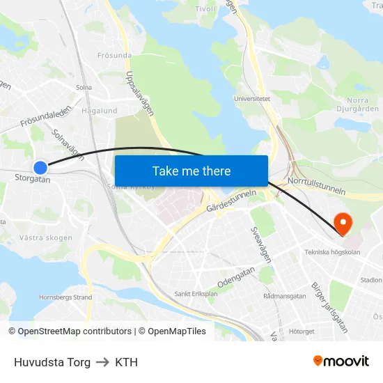 Huvudsta Torg to KTH map