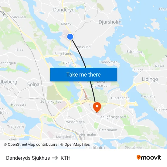 Danderyds Sjukhus to KTH map