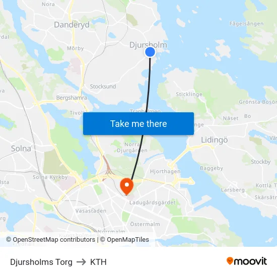 Djursholms Torg to KTH map