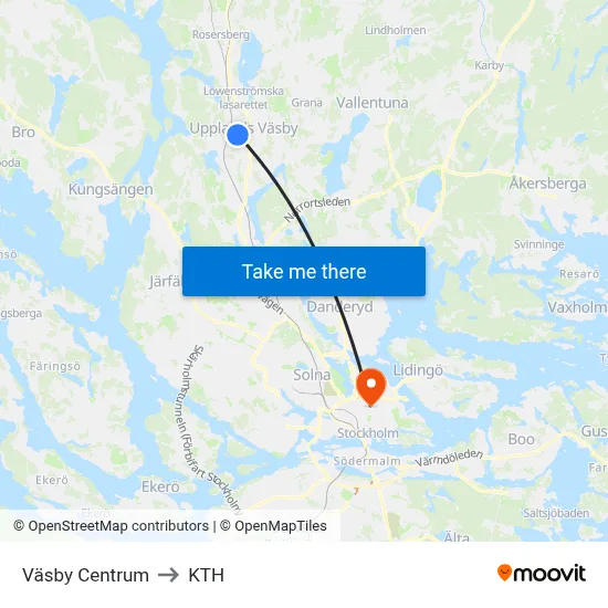 Väsby Centrum to KTH map