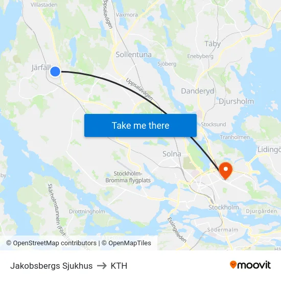 Jakobsbergs Sjukhus to KTH map