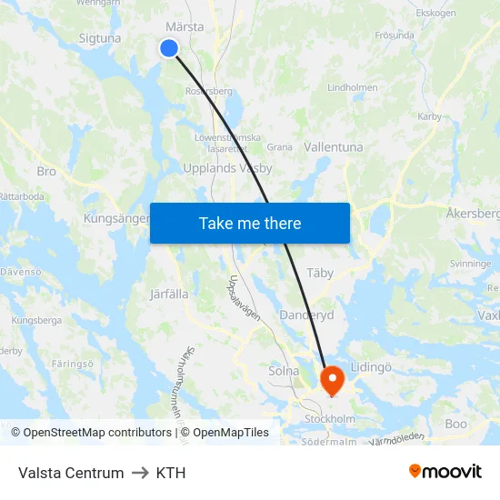Valsta Centrum to KTH map