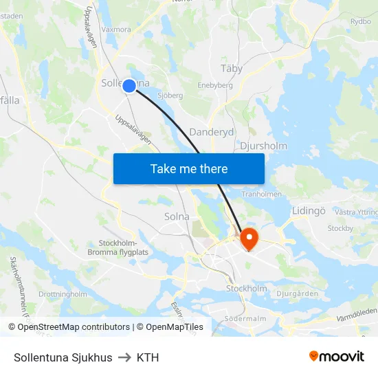 Sollentuna Sjukhus to KTH map