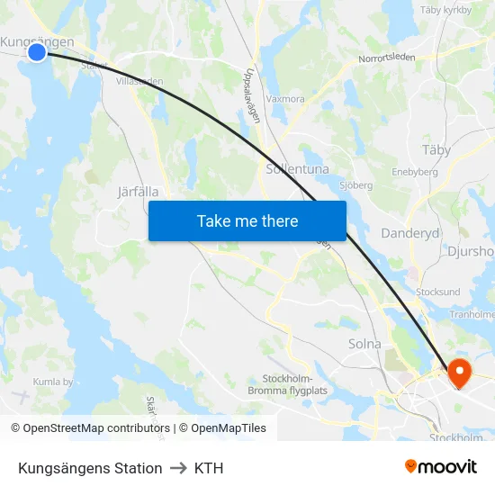 Kungsängens Station to KTH map