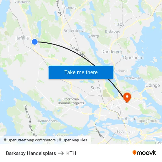 Barkarby Handelsplats to KTH map