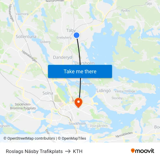 Roslags Näsby Trafikplats to KTH map