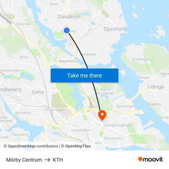 Mörby Centrum to KTH map