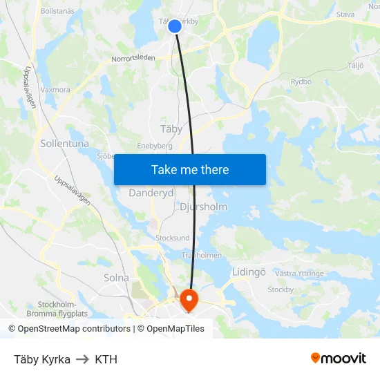 Täby Kyrka to KTH map