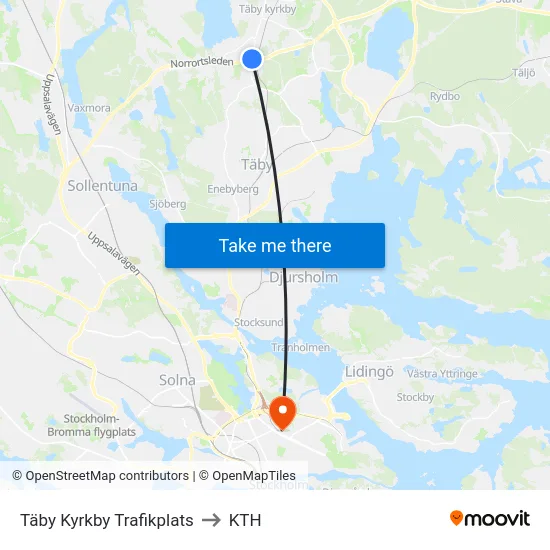 Täby Kyrkby Trafikplats to KTH map