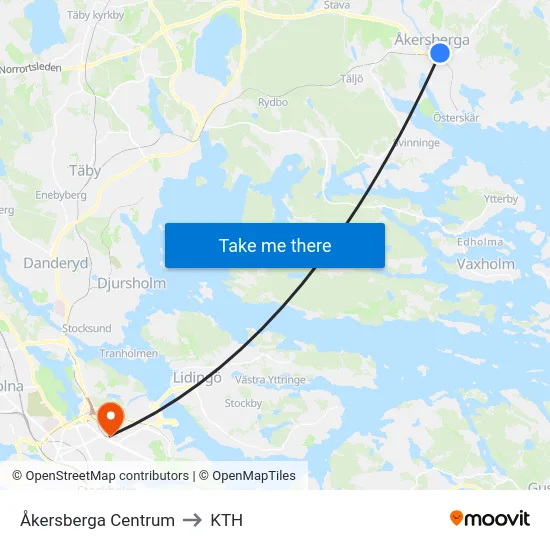 Åkersberga Centrum to KTH map