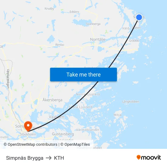 Simpnäs Brygga to KTH map