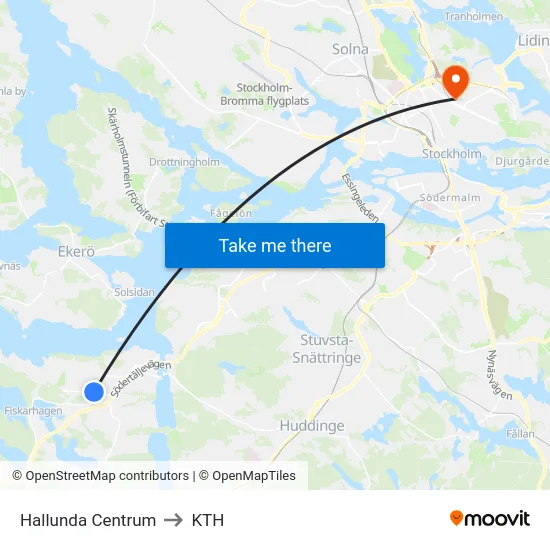 Hallunda Centrum to KTH map