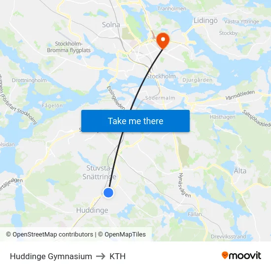 Huddinge Gymnasium to KTH map