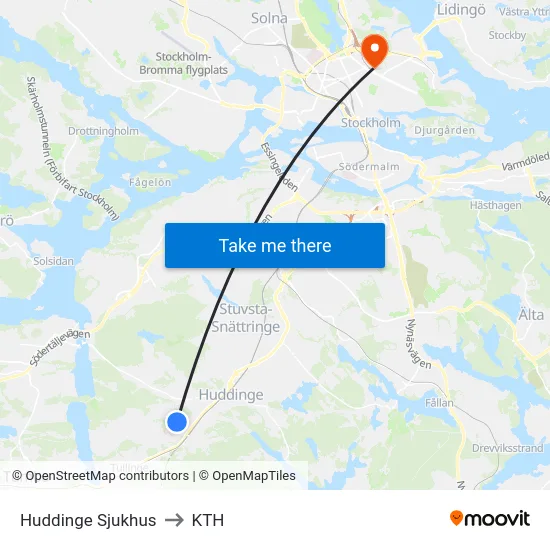 Huddinge Sjukhus to KTH map