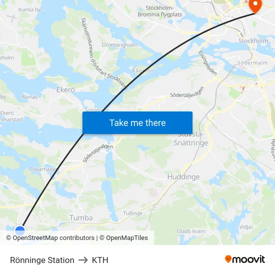 Rönninge Station to KTH map