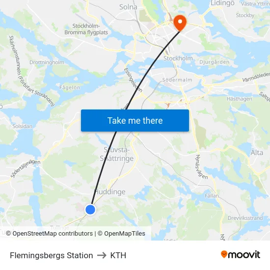 Flemingsbergs Station to KTH map