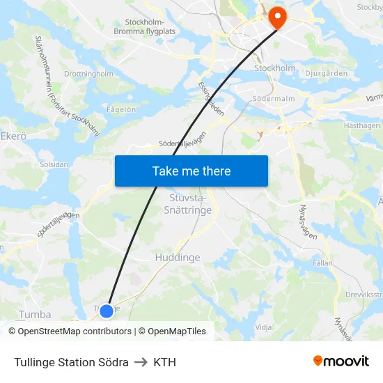 Tullinge Station Södra to KTH map