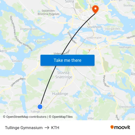 Tullinge Gymnasium to KTH map