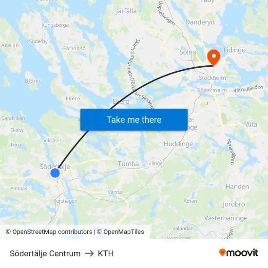 Södertälje Centrum to KTH map