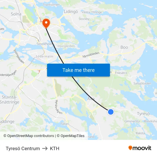 Tyresö Centrum to KTH map