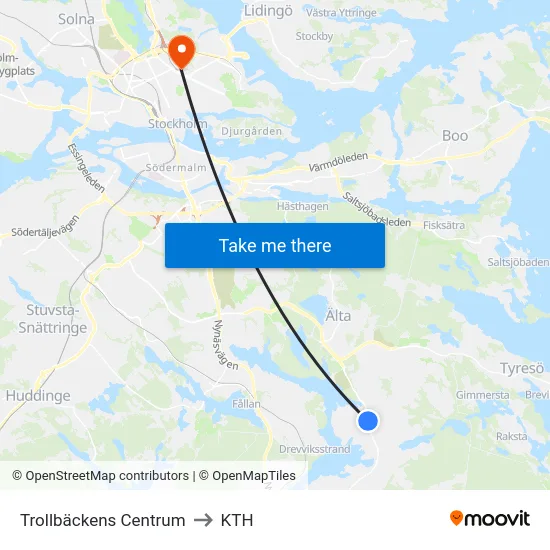 Trollbäckens Centrum to KTH map