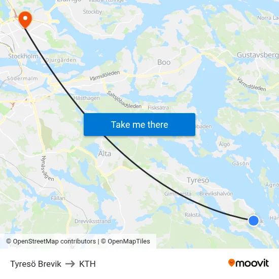 Tyresö Brevik to KTH map