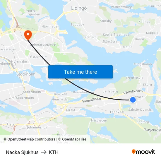 Nacka Sjukhus to KTH map