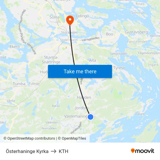 Österhaninge Kyrka to KTH map