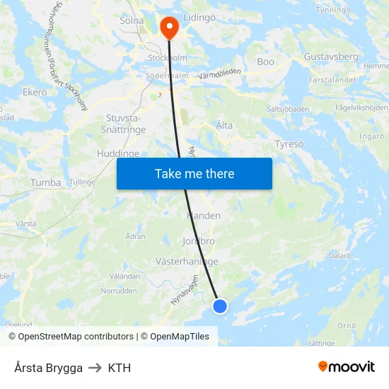 Årsta Brygga to KTH map