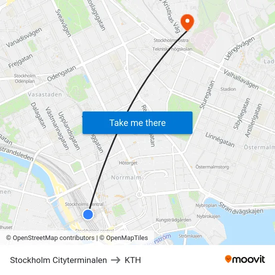 Stockholm Cityterminalen to KTH map