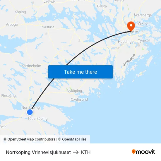 Norrköping Vrinnevisjukhuset to KTH map
