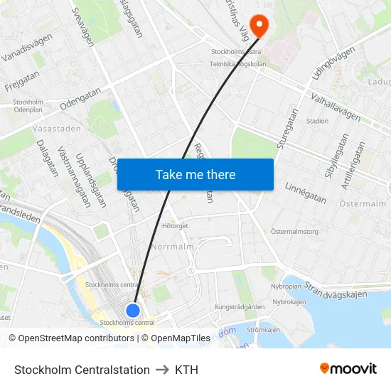 Stockholm Centralstation to KTH map