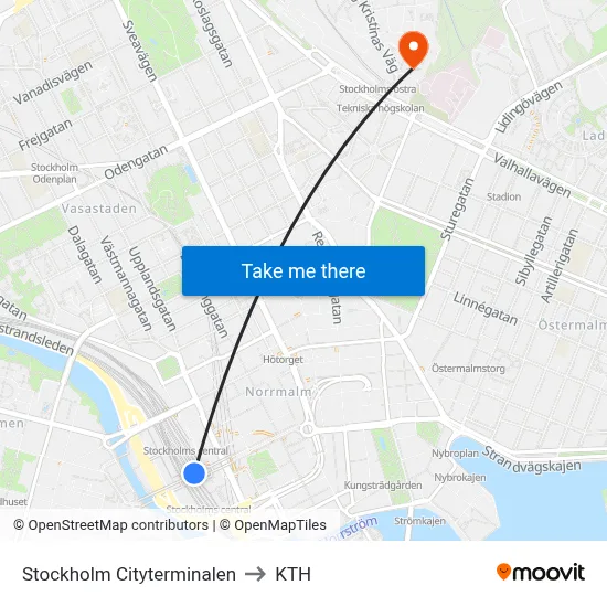 Stockholm Cityterminalen to KTH map