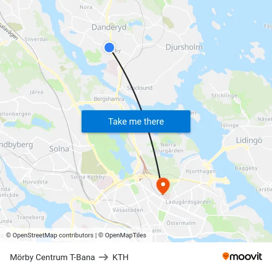Mörby Centrum T-Bana to KTH map
