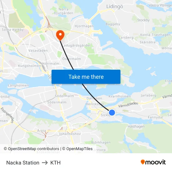 Nacka Station to KTH map