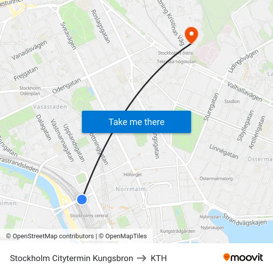 Stockholm Citytermin Kungsbron to KTH map