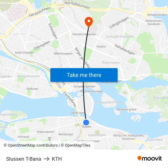 Slussen T-Bana to KTH map