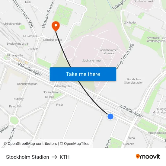 Stockholm Stadion to KTH map