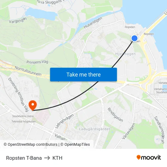 Ropsten T-Bana to KTH map