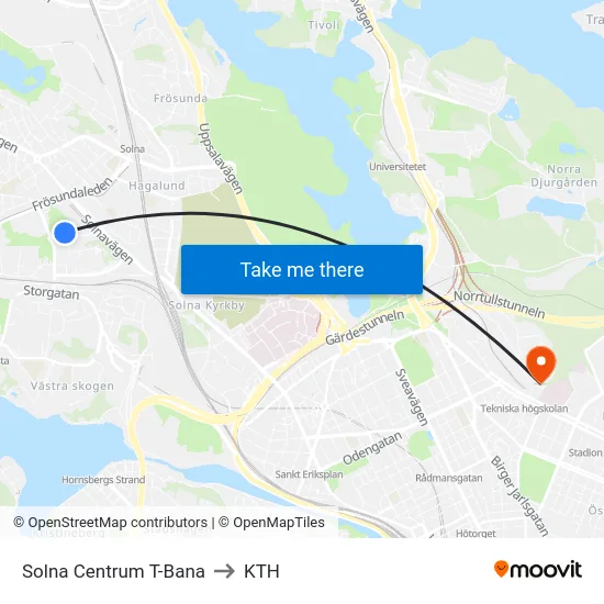 Solna Centrum T-Bana to KTH map