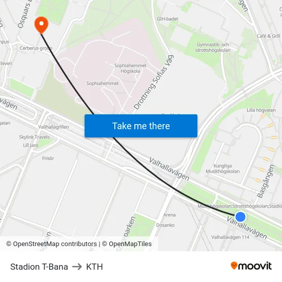 Stadion T-Bana to KTH map