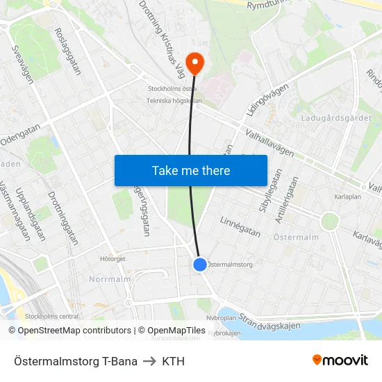 Östermalmstorg T-Bana to KTH map